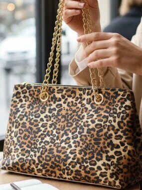 Iceware Insulated Lunch Bag Cooler Tote Leopard Animal Print Gold Chain Handles